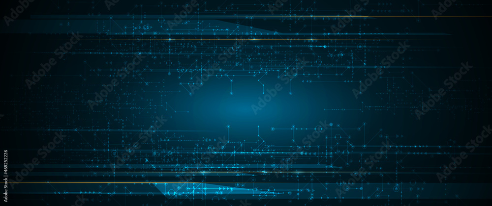 Fototapete Vector Abstract circuit board, Illustration high tech computer, engineering, science and information technology on dark blue color background. Hi-tech digital technology and futuristic concept