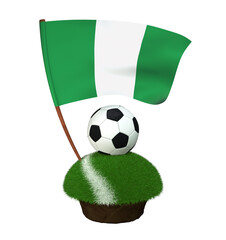 Ball for playing football and national flag of Nigeria on field with grass