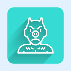 White line Krampus, heck icon isolated with long shadow. Horned devil. Traditional Christmas devil. Happy Halloween party. Green square button. Vector