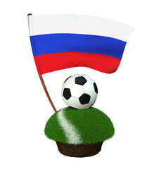 Ball for playing football and national flag of Russia on field with grass