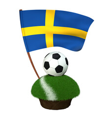 Ball for playing football and national flag of Sweden on field with grass