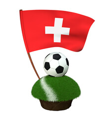 Ball for playing football and national flag of Switzerland on field with grass