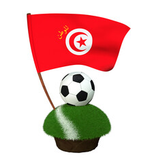 Ball for playing football and national flag of Tunisia on field with grass