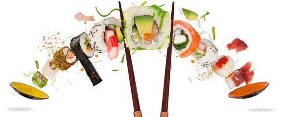 Pieces of delicious japanese sushi frozen in the air. Isolated on white background