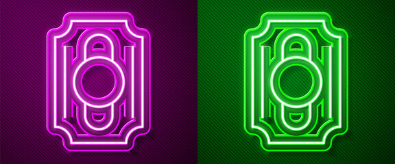 Glowing neon line Circus ticket icon isolated on purple and green background. Amusement park. Vector