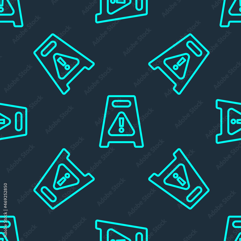 Poster green line wet floor and cleaning in progress icon isolated seamless pattern on blue background. cle