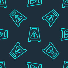 Green line Wet floor and cleaning in progress icon isolated seamless pattern on blue background. Cleaning service concept. Vector