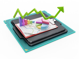 Rising arrow, pie chart and sales graphs on generic microprocessor. 3D illustration