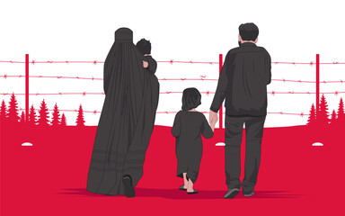A refugee family with children on the border between Poland and Belarus. Migrants are fleeing the war. In search of home, peace, freedom and human rights. Vector on flag background 