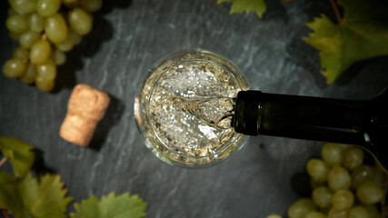 Pouring white wine, black stone background. Top view.