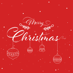 Merry Christmas Calligraphy With Linear Style Baubles, Jingle Bell Hang On Red Background.