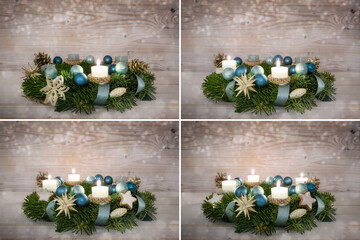 Advent wreath collection with all four Sundays, lit candles, blue Christmas baubles and decoration...