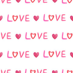 Seamless pattern with watercolor love lettering and pink hearts on a white background. Valentine’s Day wrapping paper. Minimal romantic wallpaper and fabric design