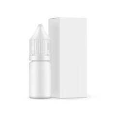 Small Dropper Unicorn Bottle with Paper Box Side View, Isolated on White Background. E-liquid vial Mockup. Vector Illustration