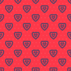 Blue line Radioactive in shield icon isolated seamless pattern on red background. Radioactive toxic symbol. Radiation Hazard sign. Vector