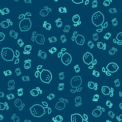 Green line Lemon icon isolated seamless pattern on blue background. Vector