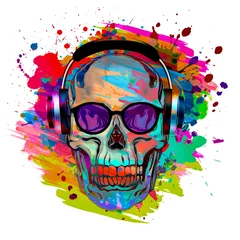 Poster Colored skull with earphones in eyeglasses with creative abstract colorful spots elements on white background © reznik_val