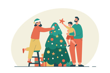 Happy family decorating Christmas tree with ornaments and garlands. Parents and child preparing for winter holiday celebration concept. Modern flat vector illustration