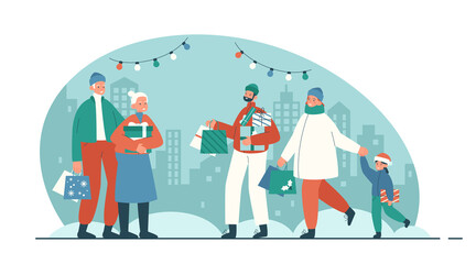 Happy family holding christmas presents. Men and women in winter clothes carry new year presents in december on city background. Christmas shopping and sale concept. Modern flat vector illustration