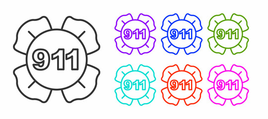 Black line Telephone with emergency call 911 icon isolated on white background. Police, ambulance, fire department, call, phone. Set icons colorful. Vector