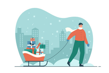 Happy man pulling sled with christmas presents. Person in winter clothes outdoor on city background preparing for new year. Christmas shopping and sale concept. Modern flat vector illustration
