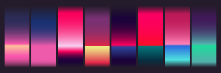 Cyberpunk blurred gradient collection. Vibrant soft blurry vintage colorful gradients set for modern retro design. Exotic bright contrasting  gradient set palette for technology and party events.