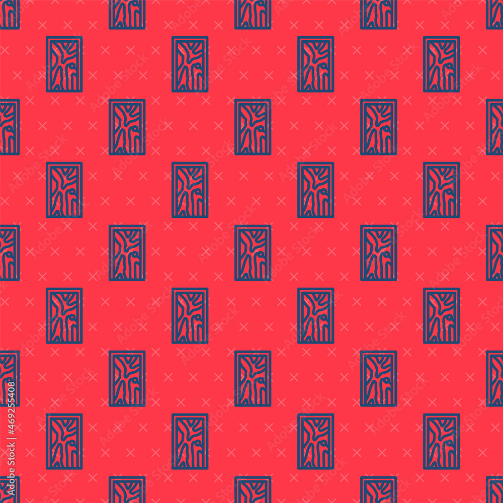 Poster blue line closed door icon isolated seamless pattern on red background. vector