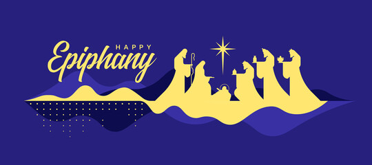 Happy Epiphany - gold nativity of Jesus scene and Three wise men on abstract moutain curve and bluish purple background vector design