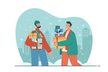 Two men holding christmas presents. Friends or brothers in winter clothes carry new year presents in december on city background. Christmas shopping and sale concept. Modern flat vector illustration