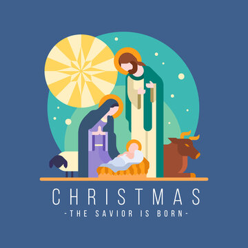 christmas, the savior is born - The Nativity with mary and joseph in a manger with baby Jesus modern style vector design
