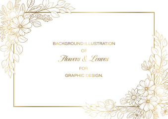 Flowers and Leaves Frame Design, Golden Line-drawing on White Background