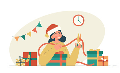 Cheerful woman making and packing gifts. Winter holiday gift preparing for family and friends. New year shopping and sale concept. Modern flat vector illustration
