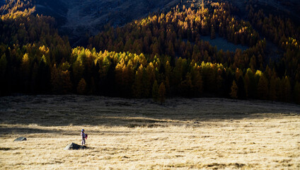 Sunny day on dolomites,  walking on autumn landscape