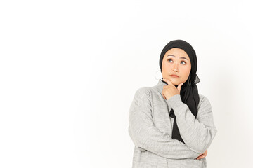 Thinking Gesture of Beautiful Asian Woman Wearing Hijab Isolated On White Background