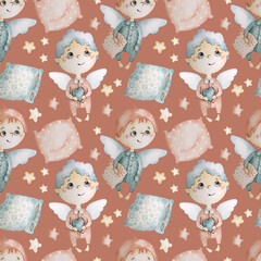 Christmas New Year seamless pattern painted with watercolors, angels, stars, pillows. Stylish, festive background for wrapping paper, cards, decor.