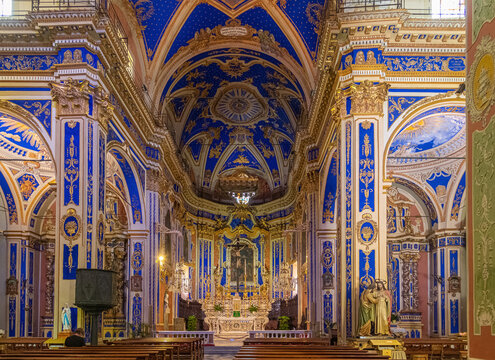 Interior of the Baroque church, Chiesa di San Tommaso in Dolcedo, a picturesque village near Imperia, Liguria, Italy 