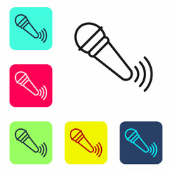 Black line Wireless microphone icon isolated on white background. On air radio mic microphone. Speaker sign. Set icons in color square buttons. Vector