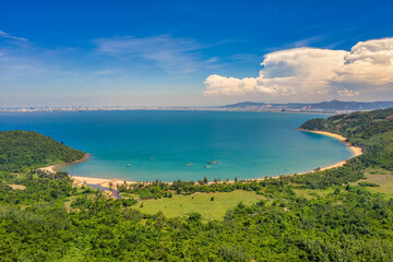 Fototapeta premium Aerial view of Ham beach and Van village at Hai Van pass, Da Nang, Vietnam