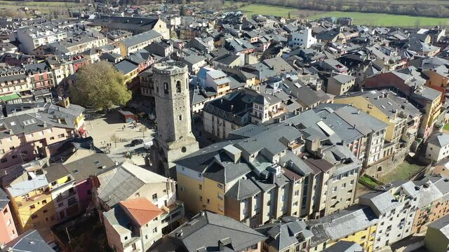 panoramic view of tower in square in Puigcerda in Spain top view of landscape with houses and tower in Puigcerda in Spain. High quality 4k footage