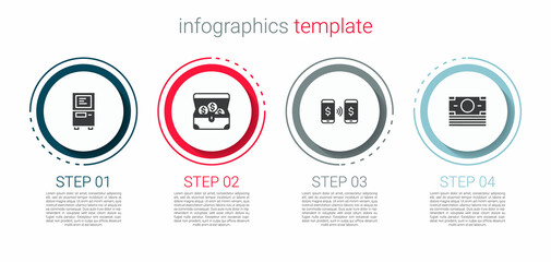 Set ATM, Treasure chest, Money payment transfer and Stacks paper money cash. Business infographic template. Vector
