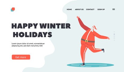 Happy Winter Holidays Landing Page Template. Santa Claus Skating in Park Performing Leisure Outdoor Activities