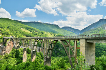 Fototapeta na wymiar Bridge Durdevica over the green fjord in Montenegro. Panoramic nature backgrounds and landscapes