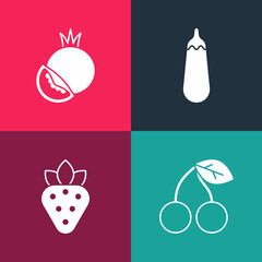 Set pop art Cherry, Strawberry, Eggplant and Tomato icon. Vector