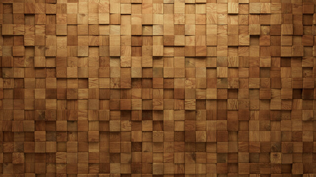 Timber, Wood Wall background with tiles. Square, tile Wallpaper with 3D, Natural blocks. 3D Render
