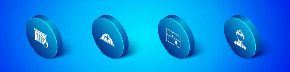 Set Isometric Fire in burning garage, Evacuation plan, Firefighter and helmet icon. Vector