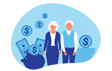 Senior retirement couple with coins and banknotes savings vector illustration. Happy retirement, financial investment planning, pension and savings concept