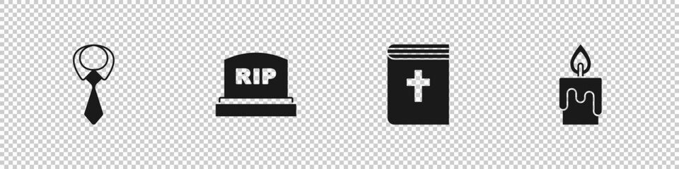 Set Tie, Tombstone with RIP written, Holy bible book and Burning candle icon. Vector