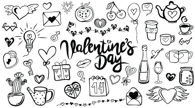 Doodle set elements of Valentine's Day and Wedding. Collection in Black and White. Vector illustration.