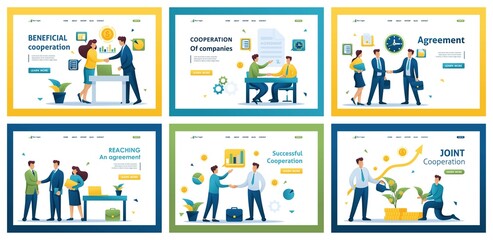 Collection of landing pages. Working together, signing a contract, collaborating, achieving success. 2D characters
