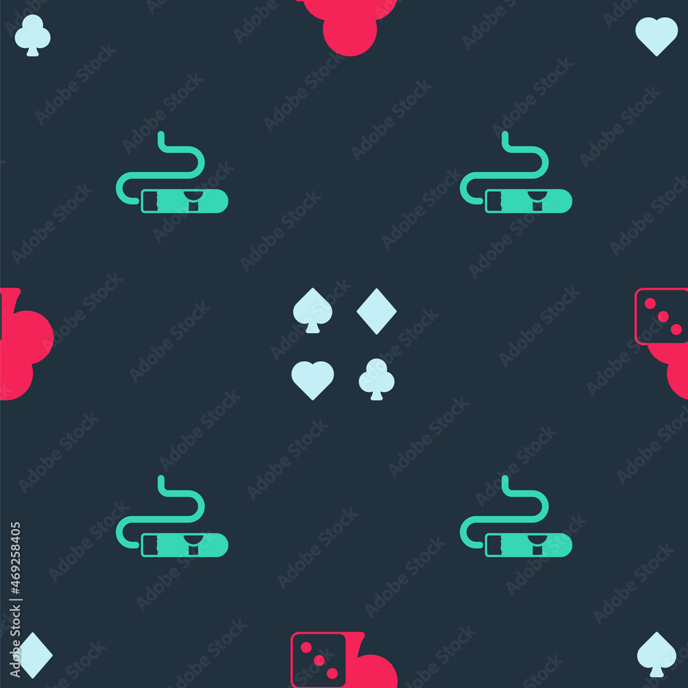 Poster set game dice, deck of playing cards and cigar on seamless pattern. vector